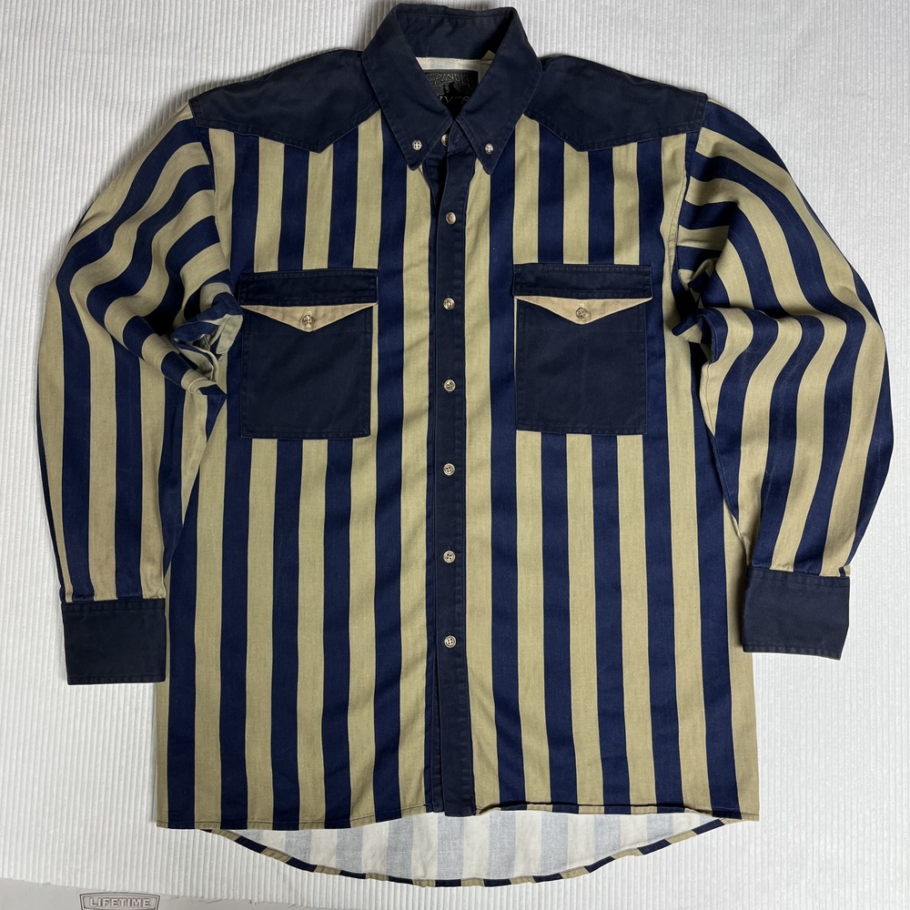 Vintage Spindle River Shirt Mens L Blue Stripe Long Sleeve Western Button Up USA